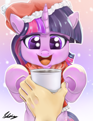 Size: 1134x1473 | Tagged: safe, artist:skikey, derpibooru import, twilight sparkle, human, pony, chocolate, clothes, cute, female, food, hand, hat, hot chocolate, mare, mug, offscreen character, offscreen human, open mouth, open smile, outstretched hoof, pov, scarf, signature, smiling, snow, snowfall, twiabetes, winter