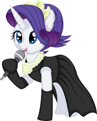 Size: 6011x7485 | Tagged: safe, artist:cyanlightning, derpibooru import, rarity, pony, unicorn, the gift of the maud pie, .svg available, absurd resolution, alternate hairstyle, audrey hepburn, black dress, breakfast at tiffany's, clothes, dress, evening gloves, female, gloves, holding, holly golightly, jewelry, jewels, little black dress, long gloves, mare, microphone, necklace, open mouth, pearl necklace, simple background, solo, tiara, transparent background, vector