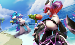 Size: 5000x3000 | Tagged: safe, artist:theprince, derpibooru import, oc, oc only, original species, pony, unicorn, beach, butt, duo, dutch angle, horn, inner tube, plot, tail, unicorn oc, watergun