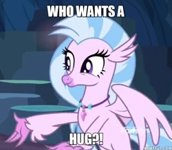Size: 600x524 | Tagged: safe, derpibooru import, edit, edited screencap, screencap, silverstream, classical hippogriff, hippogriff, uprooted, bronybait, caption, cropped, cute, diastreamies, hug request, image macro, jewelry, meme, memeful.com, necklace, solo, spread arms, text