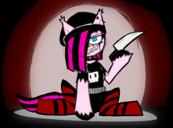 Size: 1430x1060 | Tagged: safe, artist:xxv4mp_g4z3rxx, derpibooru import, pinkie pie, bat pony, pony, alternate design, alternate hairstyle, bat ponified, beanie, ear piercing, edgy, emo, eyeliner, fangs, female, hat, kinsona, knife, looking at you, makeup, mare, piercing, pinkamena diane pie, race swap, smiling, solo, wingless, wingless bat pony