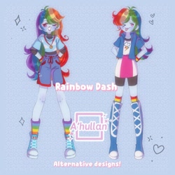 Size: 1900x1900 | Tagged: safe, artist:ahullan, derpibooru import, rainbow dash, human, equestria girls, ;p, clothes, converse, female, long hair, no nose, one eye closed, rainbow socks, shirt, shoes, shorts, socks, solo, striped socks, t-shirt, tongue, tongue out