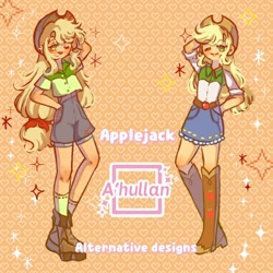 Size: 1700x1700 | Tagged: safe, artist:ahullan, derpibooru import, applejack, human, equestria girls, arm behind head, clothes, female, freckles, long hair, no nose, one eye closed, shirt, shorts, simple background, skirt, solo, transparent background