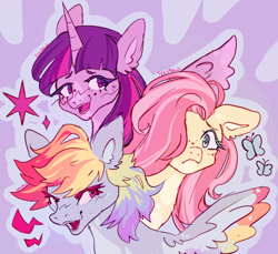 Size: 640x585 | Tagged: safe, artist:izzypaw, derpibooru import, fluttershy, rainbow dash, twilight sparkle, twilight sparkle (alicorn), alicorn, pegasus, pony, bust, digital art, signature, simple background