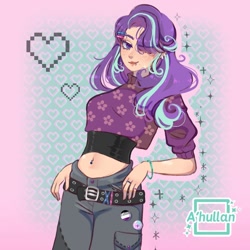 Size: 1700x1700 | Tagged: safe, artist:_ahullan, artist:ahullan, derpibooru import, starlight glimmer, human, equestria girls, asexual pride flag, belly button, belly piercing, bellyring, belt, eyebrow piercing, female, hair over one eye, lip piercing, midriff, piercing, pride, pride flag, solo