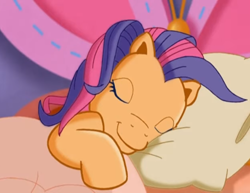 Size: 1400x1080 | Tagged: safe, derpibooru import, screencap, scootaloo (g3), pony, eyes closed, sleeping, smiling, solo