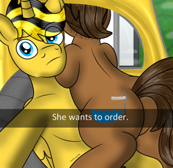 Size: 1198x1164 | Tagged: safe, artist:lynnthenerdkitty, derpibooru import, alicorn, earth pony, pony, bumblebee (transformers), butt, car interior, charlie watson, crossover, drive thru, flank, he wants to order, meme, plot, retro car, selfie, transformers