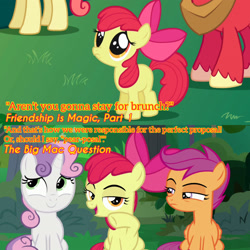 Size: 1920x1920 | Tagged: safe, derpibooru import, edit, edited screencap, editor:itsmgh1203, screencap, apple bloom, big macintosh, scootaloo, sweetie belle, earth pony, pegasus, pony, unicorn, friendship is magic, season 1, season 9, the big mac question, spoiler:s09, adorabloom, apple bloom's bow, bow, cute, cutie mark crusaders, female, filly, foal, hair bow, male, mare, offscreen character, open mouth, open smile, smiling, stallion, text, wide eyes