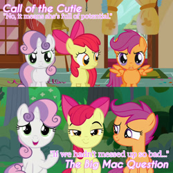 Size: 1920x1920 | Tagged: safe, derpibooru import, edit, edited screencap, editor:itsmgh1203, screencap, apple bloom, scootaloo, sweetie belle, earth pony, pegasus, pony, unicorn, call of the cutie, season 1, season 9, the big mac question, spoiler:s09, apple bloom's bow, bow, cutie mark crusaders, female, filly, foal, hair bow, open mouth, open smile, smiling, spread wings, sugarcube corner, text, trio, trio female, wings