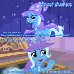 Size: 1920x1920 | Tagged: safe, derpibooru import, edit, edited screencap, editor:itsmgh1203, screencap, trixie, pony, unicorn, boast busters, season 1, season 9, the ending of the end, spoiler:s09, cape, clothes, female, grin, hat, mare, open mouth, open smile, school of friendship, smiling, solo, text, trixie's cape, trixie's hat