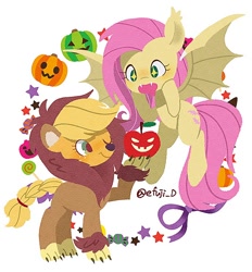Size: 688x740 | Tagged: safe, artist:efuji_d, derpibooru import, applejack, fluttershy, bat pony, earth pony, pony, animal costume, apple, applelion, bat ponified, bat wings, candy, clothes, costume, cute, duo, duo female, fangs, female, flutterbat, flying, food, freckles, halloween, hatless, holiday, jackabetes, looking at something, mare, missing accessory, one eye closed, open mouth, pumpkin, race swap, raised hoof, raised leg, shyabetes, simple background, spread wings, stars, white background, wings