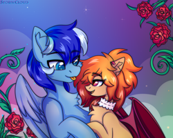 Size: 2500x2000 | Tagged: safe, artist:stormcloud, derpibooru import, oc, oc only, oc:cinnamon dust, oc:ocean breeze, bat pony, pegasus, pony, bat pony oc, bust, chest fluff, commission, cute, eye clipping through hair, eyebrows, eyebrows visible through hair, female, flower, gradient mane, holding hooves, looking at each other, looking at someone, male, mare, oc x oc, open mouth, open smile, partially open wings, pegasus oc, romance, romantic, rose, shipping, sky background, smiling, smiling at each other, stallion, tongue, tongue out, wings, ych result