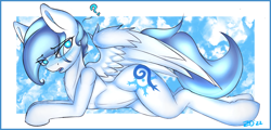 Size: 1974x945 | Tagged: safe, artist:ze-dusty, derpibooru import, oc, oc only, oc:gale frostheart, pegasus, blushing, cute, cutie mark, female, glowing, glowing eyes, pegasus oc, question mark, solo, wings