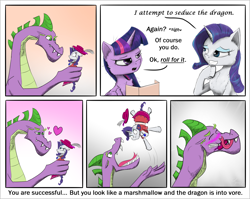 Size: 2500x1987 | Tagged: safe, artist:chopsticks, derpibooru import, rarity, spike, twilight sparkle, twilight sparkle (alicorn), alicorn, dragon, pony, unicorn, bedroom eyes, blushing, cheek fluff, chest fluff, clothes, comic, dialogue, dress, dungeon master, eaten alive, eyes closed, female, forked tongue, hat, heart, hoof under chin, licking, licking lips, male, mare, open mouth, rariprey, rarity is a marshmallow, roleplaying, seductive, simple background, spikepred, spikezilla, spipred, text, tongue, tongue out, unshorn fetlocks, vore