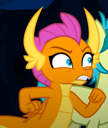 Size: 483x575 | Tagged: safe, derpibooru import, screencap, sandbar, smolder, dragon, earth pony, pony, uprooted, cropped, dragoness, female, gritted teeth, offscreen character, solo focus, teeth
