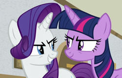 Size: 1156x737 | Tagged: safe, derpibooru import, screencap, rarity, twilight sparkle, twilight sparkle (alicorn), alicorn, pony, unicorn, friendship university, cropped, duo, looking at each other, looking at someone