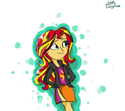 Size: 948x843 | Tagged: safe, artist:peanutbuttersqaures, derpibooru import, sunset shimmer, human, equestria girls, 2015, eyebrows, female, hands behind back, old art, signature, simple background, smiling, solo, transparent background