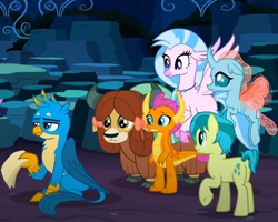 Size: 832x664 | Tagged: safe, derpibooru import, screencap, gallus, ocellus, sandbar, silverstream, smolder, yona, changedling, changeling, classical hippogriff, dragon, earth pony, griffon, hippogriff, pony, yak, uprooted, bow, cloven hooves, cropped, hair bow, jewelry, monkey swings, necklace, student six