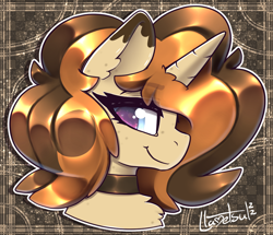 Size: 1026x882 | Tagged: safe, artist:llametsul, derpibooru import, oc, oc only, oc:creme cookie, pony, unicorn, bust, choker, colored, female, looking at you, looking sideways, mare, portrait, profile, signature, smiling, smiling at you, solo, white outline