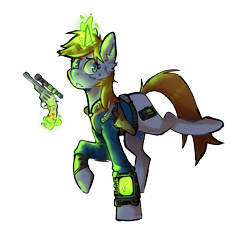 Size: 1079x1066 | Tagged: safe, artist:sketchtablet, derpibooru import, oc, oc only, oc:littlepip, pony, unicorn, fallout equestria, gun, handgun, horn, little macintosh, magic, pipbuck, revolver, simple background, solo, telekinesis, transparent background, unicorn oc, weapon