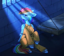 Size: 2048x1778 | Tagged: safe, artist:tyutya, derpibooru import, mouse, pegasus, pony, bed, bound wings, cell, chains, clothes, commission, cuffed, cuffs, never doubt rainbowdash69's involvement, prison outfit, prisoner rd, sad, shackles, solo, wings
