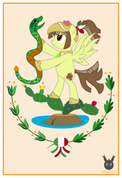 Size: 808x1180 | Tagged: safe, artist:wheatley r.h., derpibooru import, oc, oc only, oc:tailcoatl, pegasus, snake, female, holding, mare, nopal, solo, spread wings, tuna fruit, vector, watermark, wings