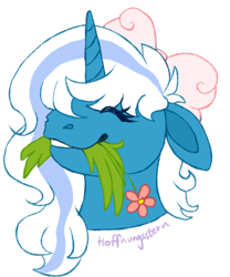 Size: 752x902 | Tagged: safe, artist:hoffnungsstern, derpibooru import, oc, oc:fleurbelle, alicorn, pony, alicorn oc, bow, eating, eyes closed, female, flower, grass, hair bow, horn, mare, simple background, transparent background, wings