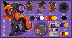 Size: 1300x700 | Tagged: safe, artist:littletigressda, derpibooru import, oc, oc only, oc:spirit harvest, bat pony, hybrid, pony, candy, chest fluff, commission, ear fluff, ears, fangs, female, food, halloween, hat, holiday, pumpkin bucket, reference sheet, solo, underhoof, witch hat