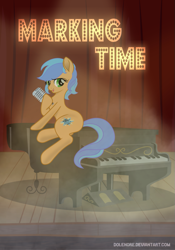 Size: 733x1050 | Tagged: safe, artist:dolenore, derpibooru import, oc, oc:da capo aria, earth pony, pony, fanfic art, female, mare, microphone, musical instrument, piano, solo