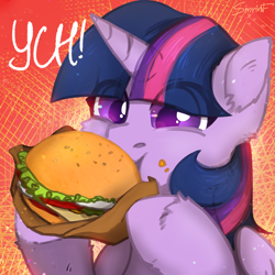 Size: 2480x2480 | Tagged: safe, artist:sinrinf, derpibooru import, twilight sparkle, twilight sparkle (alicorn), alicorn, pony, burger, bust, commission, cute, female, food, horn, mare, portrait, solo, twiabetes, twilight burgkle, wings, ych example, your character here