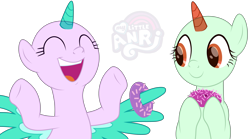 Size: 6483x3599 | Tagged: safe, artist:emperor-anri, derpibooru import, oc, oc only, alicorn, pony, alicorn oc, base, donut, duo, food, hoof hold, horn, laughing, simple background, spread wings, transparent background, wing hands, wings