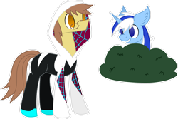 Size: 2997x2001 | Tagged: safe, artist:emc-blingds, derpibooru import, oc, oc only, oc:ferb fletcher, oc:zipper zest, pegasus, pony, unicorn, bush, clothes, costume, duo, ear fluff, ears, glasses, grin, hiding, male, simple background, smiling, spider-gwen, stallion, transparent background