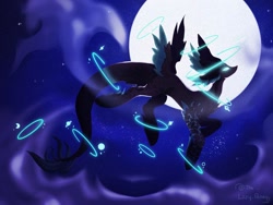 Size: 2047x1536 | Tagged: safe, artist:thelazyponyy, derpibooru import, oc, oc only, draconequus, draconequus oc, flying, full moon, glowing, glowing eyes, moon, night, outdoors, solo, stars