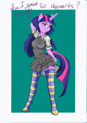 Size: 2480x3506 | Tagged: safe, artist:furryfantan, derpibooru import, twilight sparkle, anthro, unicorn, arm behind head, clothes, jacket, legwear, pose, school uniform, simple background, skirt, socks, solo, stockings, striped socks, thigh highs