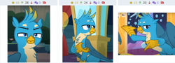 Size: 748x269 | Tagged: safe, derpibooru import, screencap, gallus, griffon, uprooted, derpibooru, gallus is not amused, juxtaposition, meta, solo, unamused