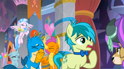 Size: 1600x899 | Tagged: safe, derpibooru import, screencap, gallus, ocellus, sandbar, silverstream, smolder, yona, changedling, changeling, classical hippogriff, dragon, earth pony, griffon, hippogriff, pony, yak, she's all yak, student six