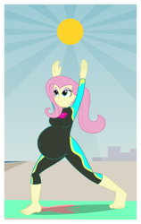 Size: 2275x3600 | Tagged: safe, artist:snap1994, derpibooru import, fluttershy, equestria girls, arms in the air, barefoot, beach, belly, big belly, breasts, feet, female, hootershy, preggoshy, pregnant, solo, stretching, wetsuit