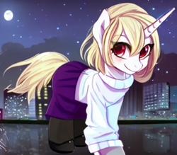 Size: 512x448 | Tagged: safe, artist:gomez de video, derpibooru import, generator:stable diffusion, machine learning generated, pony, unicorn, arcueid brunestud, blonde, blonde hair, city, cityscape, clothes, eyelashes, female, looking at you, mare, melty blood, moon, night, pantyhose, ponified, red eyes, shoes, short hair, skirt, smiling, smiling at you, sweater, tsukihime, turtleneck