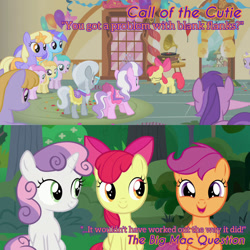 Size: 1920x1920 | Tagged: safe, derpibooru import, edit, edited screencap, editor:itsmgh1203, screencap, amethyst star, apple bloom, diamond tiara, scootaloo, silver spoon, sparkler, sweetie belle, earth pony, pegasus, pony, unicorn, call of the cutie, season 1, season 9, the big mac question, spoiler:s09, apple bloom's bow, bow, cute, cutealoo, cutie mark crusaders, eyes closed, female, filly, foal, hair bow, mare, open mouth, open smile, smiling, sugarcube corner, text