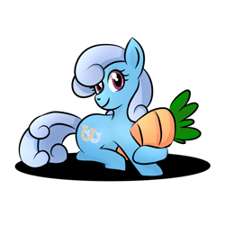 Size: 1280x1280 | Tagged: safe, artist:akissonyourpinky, derpibooru import, linky, shoeshine, earth pony, pony, carrot, female, food, lying, lying down, mare, prone, shadow, simple background, smiling, solo, white background