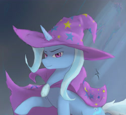 Size: 5500x5000 | Tagged: safe, artist:dastradraw, artist:dastrak, derpibooru import, trixie, pony, unicorn, absurd resolution, cape, clothes, female, hat, horn, looking at you, mare, raised hoof, raised leg, smirk, solo, trixie's cape, trixie's hat