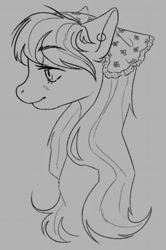 Size: 388x586 | Tagged: safe, artist:riceflowers_art, derpibooru import, oc, oc only, oc:chamomillie, earth pony, pony, bust, female, grayscale, mare, monochrome, profile, solo