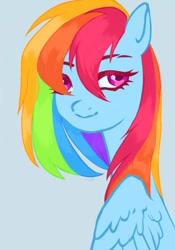 Size: 410x586 | Tagged: safe, artist:riceflowers_art, derpibooru import, rainbow dash, pegasus, pony, bust, female, looking at you, mare, simple background, solo