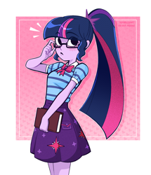 Size: 1852x2156 | Tagged: safe, artist:syrupyyy, derpibooru import, sci-twi, twilight sparkle, equestria girls, blushing, book, bowtie, clothes, cute, female, glasses, shirt, skirt, solo, twiabetes