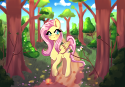 Size: 3000x2100 | Tagged: safe, artist:ashes-arts, derpibooru import, fluttershy, pegasus, pony, blushing, cute, female, forest, mare, shyabetes, smiling, solo