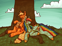 Size: 1280x960 | Tagged: safe, artist:theclister, derpibooru import, applejack, rainbow dash, earth pony, pegasus, pony, appledash, duo, duo female, eyes closed, female, hat off, lesbian, mare, shipping, singing, tree