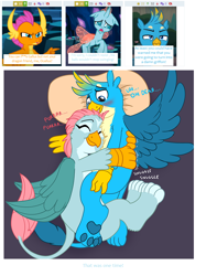 Size: 860x1148 | Tagged: safe, artist:caroo, artist:thegamerpainter, derpibooru import, edit, edited screencap, screencap, gallus, ocellus, smolder, changedling, changeling, dragon, griffon, school daze, uprooted, blushing, censored, censored vulgarity, chest fluff, cuddlebug, cuddling, cute, derpibooru, diaocelles, discussion, disguise, disguised changeling, english, female, fluffy, frog (hoof), gallabetes, griffonized, hnnng, imminent breakup, interspecies, juxtaposition, lesbian, luslus, male, meta, onomatopoeia, paw pads, paws, purple background, purring, sad, screenshots, shipping, simple background, sleeping, smolcellus, snuggling, sound effects, species swap, spread wings, straight, toe beans, transformation, underhoof, underpaw, vulgar, wings, zzz