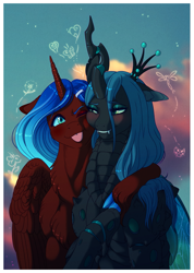 Size: 1483x2085 | Tagged: safe, artist:silverwolf866, derpibooru import, queen chrysalis, oc, oc:aine aisling, alicorn, changeling, changeling queen, pony, alicorn oc, blushing, canon x oc, cloven hooves, commission, ears, fangs, female, floppy ears, heart, horn, hug, lesbian, mare, shipping, tongue, tongue out, wings