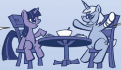 Size: 624x365 | Tagged: safe, derpibooru import, idw, twilight sparkle, unicorn twilight, pony, unicorn, idw micro series, bandage, bowl, broken leg, chair, cropped, female, glasses, hooves up, horn, jade singer, mare, sitting, smiling, spoon, summer mane, table