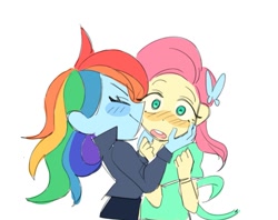 Size: 983x777 | Tagged: safe, artist:thresher_shark_, derpibooru import, fluttershy, rainbow dash, equestria girls, blush sticker, blushing, eyes closed, face grab, female, flutterdash, kiss on the cheek, kissing, lesbian, open mouth, shipping, simple background, smiling, white background